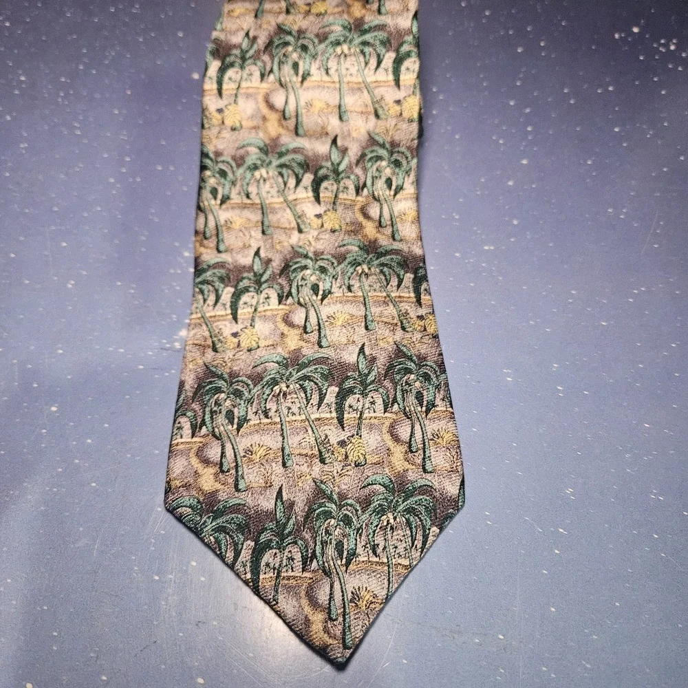 Reyn Spooner Necktie Mens OS Green Royal Fish Pond Palm‎ Tree Silk 1994 Vintage